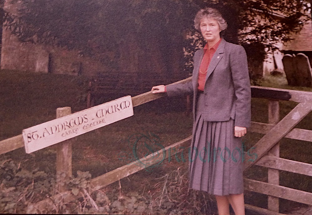  old photo of Caroline Sandbergen visiting St. Andrews Church in 1984, Didling, Sussex - click image to return