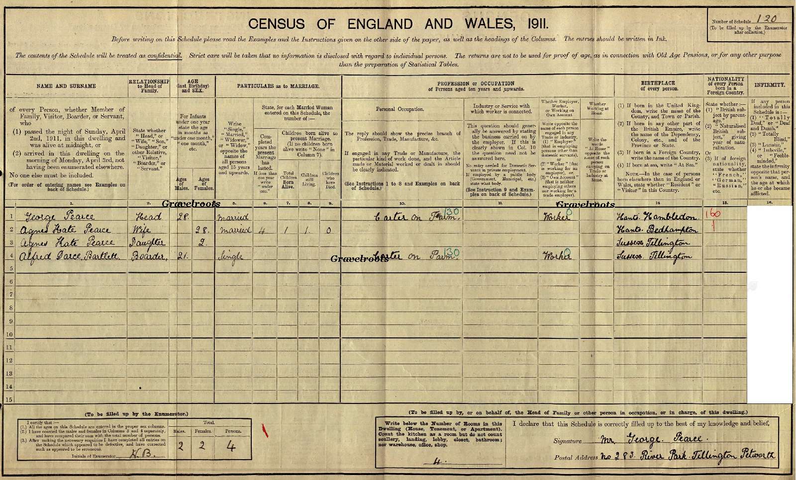 1911 Census ref- Bartlett 11 - Pearce, 283 River Park, Tillington - click to return