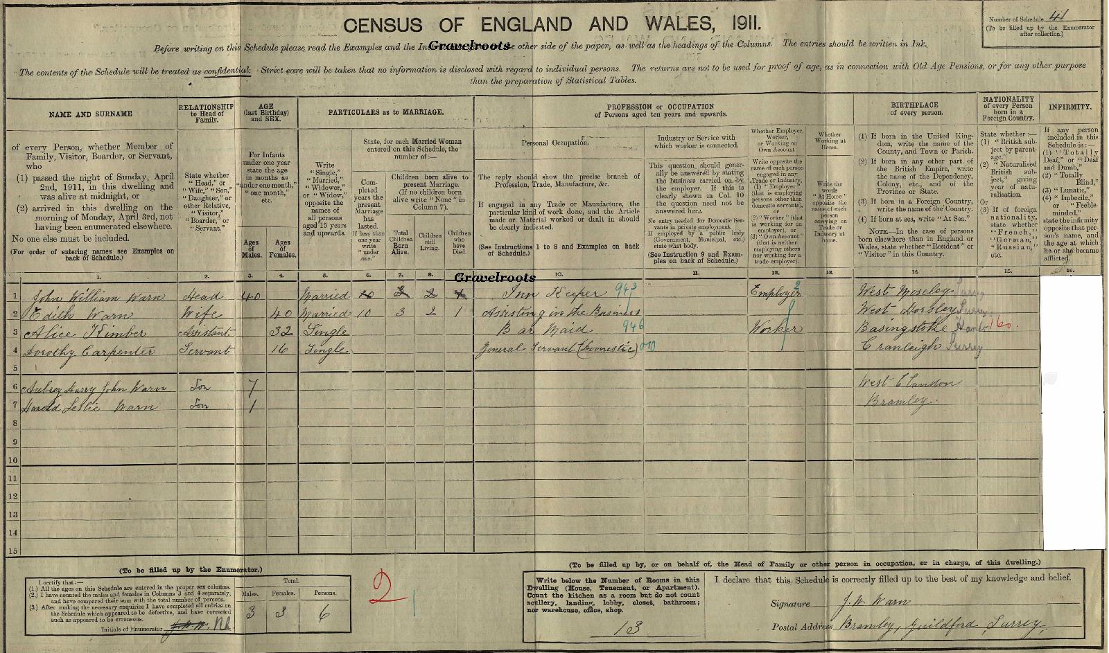 1911 Census ref- Bartlett 17, Warn Bramley Surrey - click to return