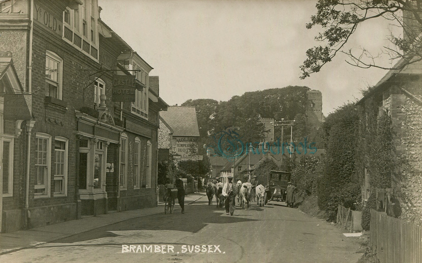 Cattle and postman passing Castle Hotel, 
Bramber, Sussex, c.1905 - click image to return