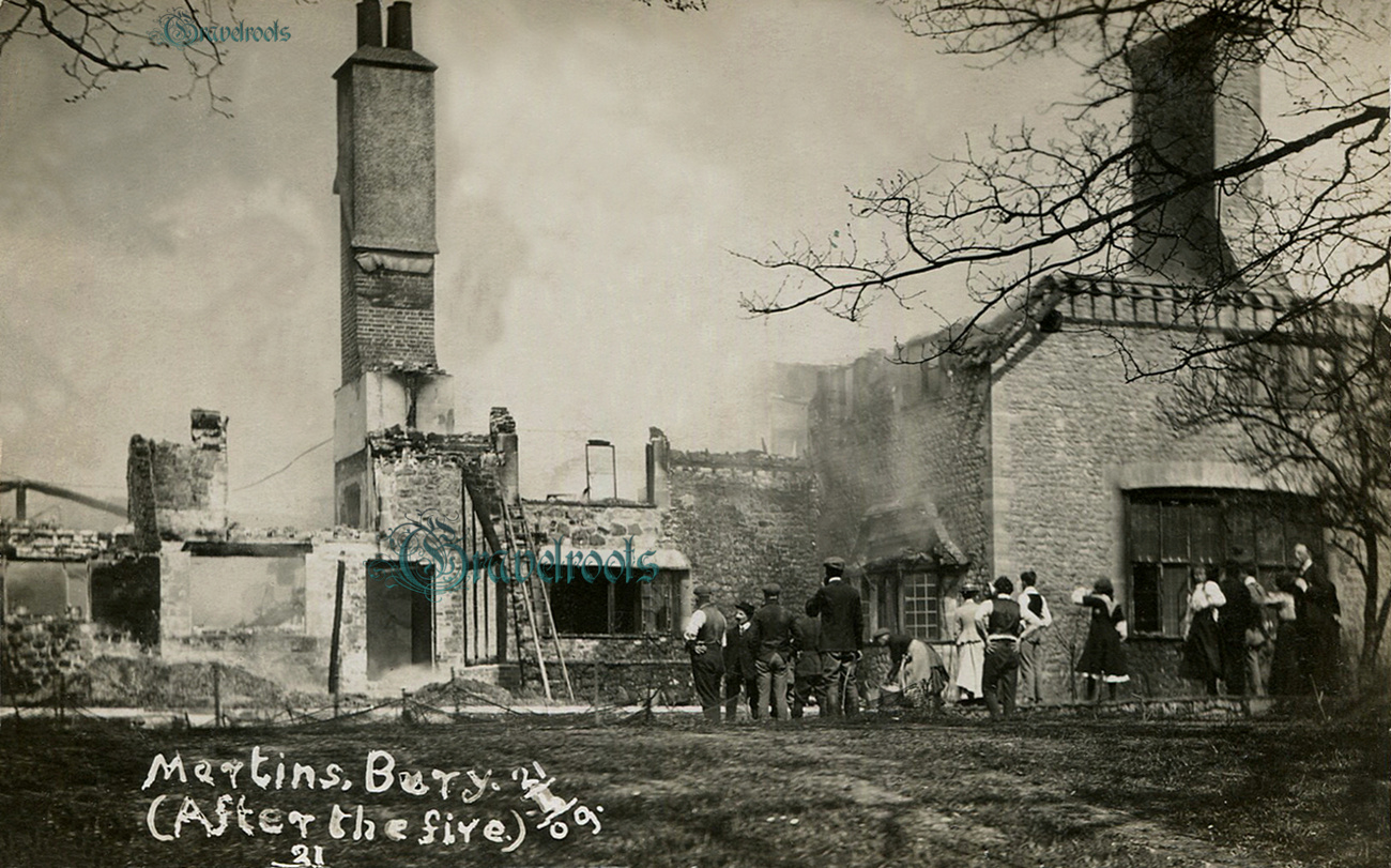old photo of Aftermath of fire at Martins, Bury, Sussex - click image to return