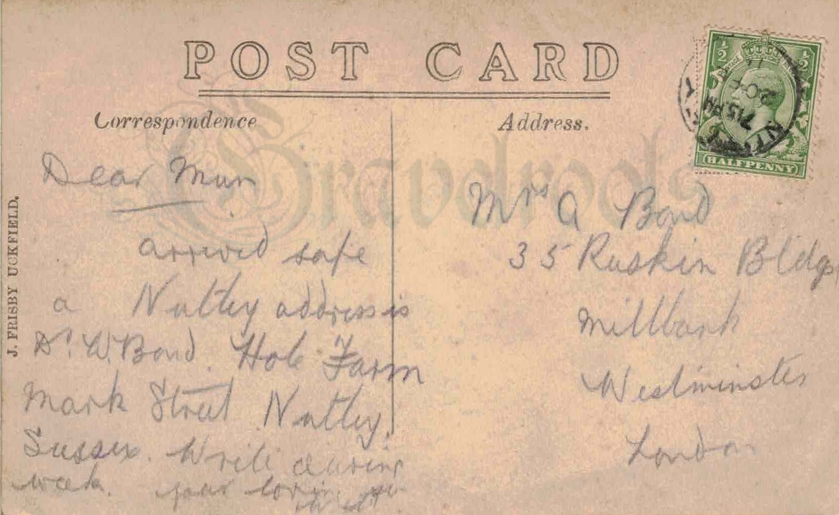 old postcard message, Nutley, Sussex - click image to return