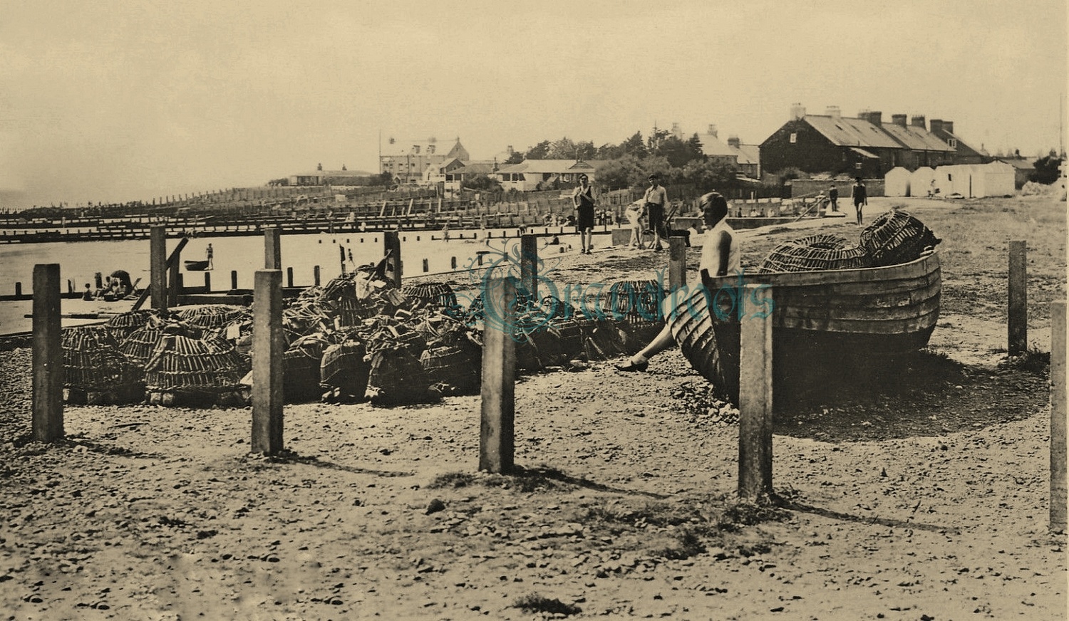  old photo of Lobster pots on beach, Felpham, Sussex - click image below to return