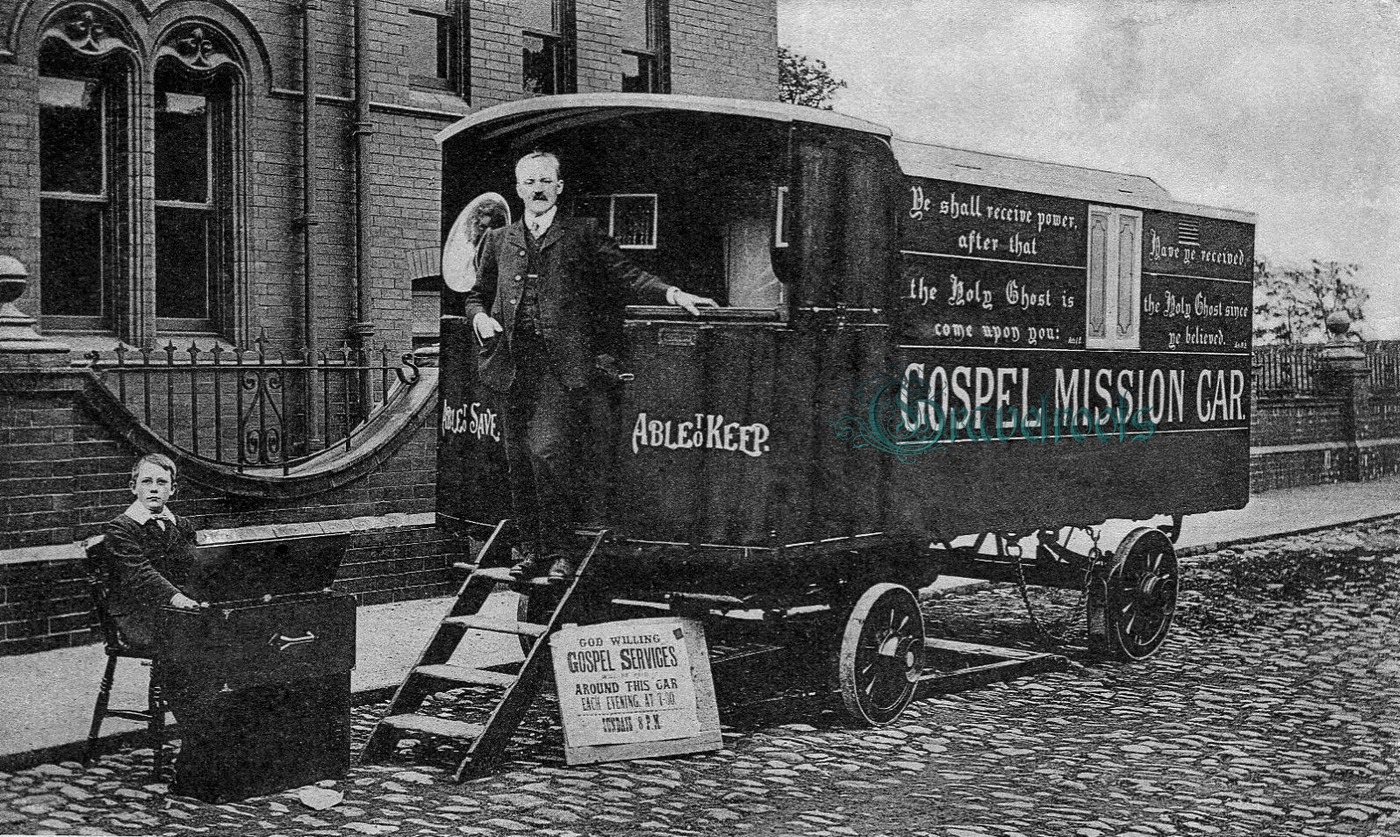old Social history photos of mobile Gospel car - click image  to return
