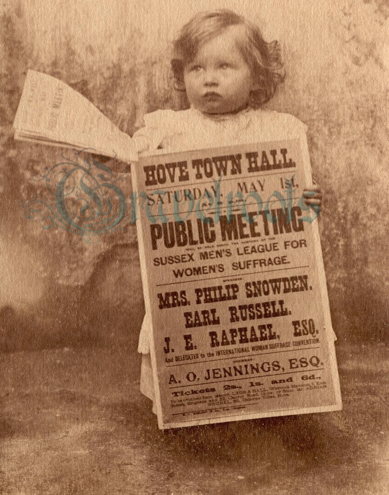  old  Social history photos of child holding placard for Sussex Mens League for Womens Suffrage,  - click image below to return