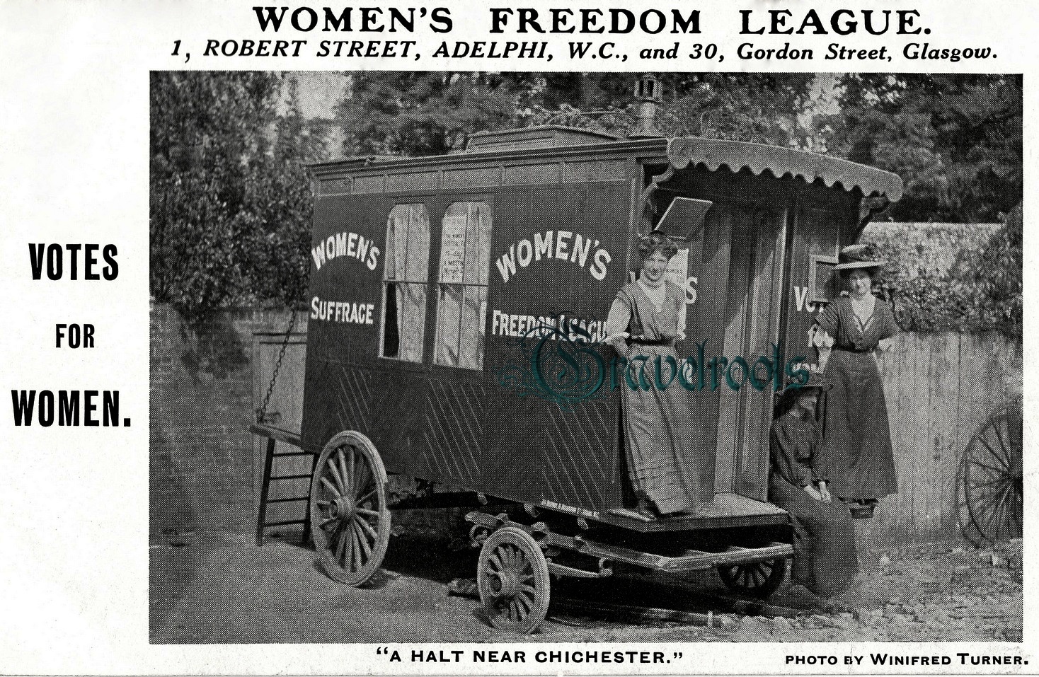  old Social history photos of Womens Freedom league caravan on tour, rests near Chichester, Sussex - click image to return