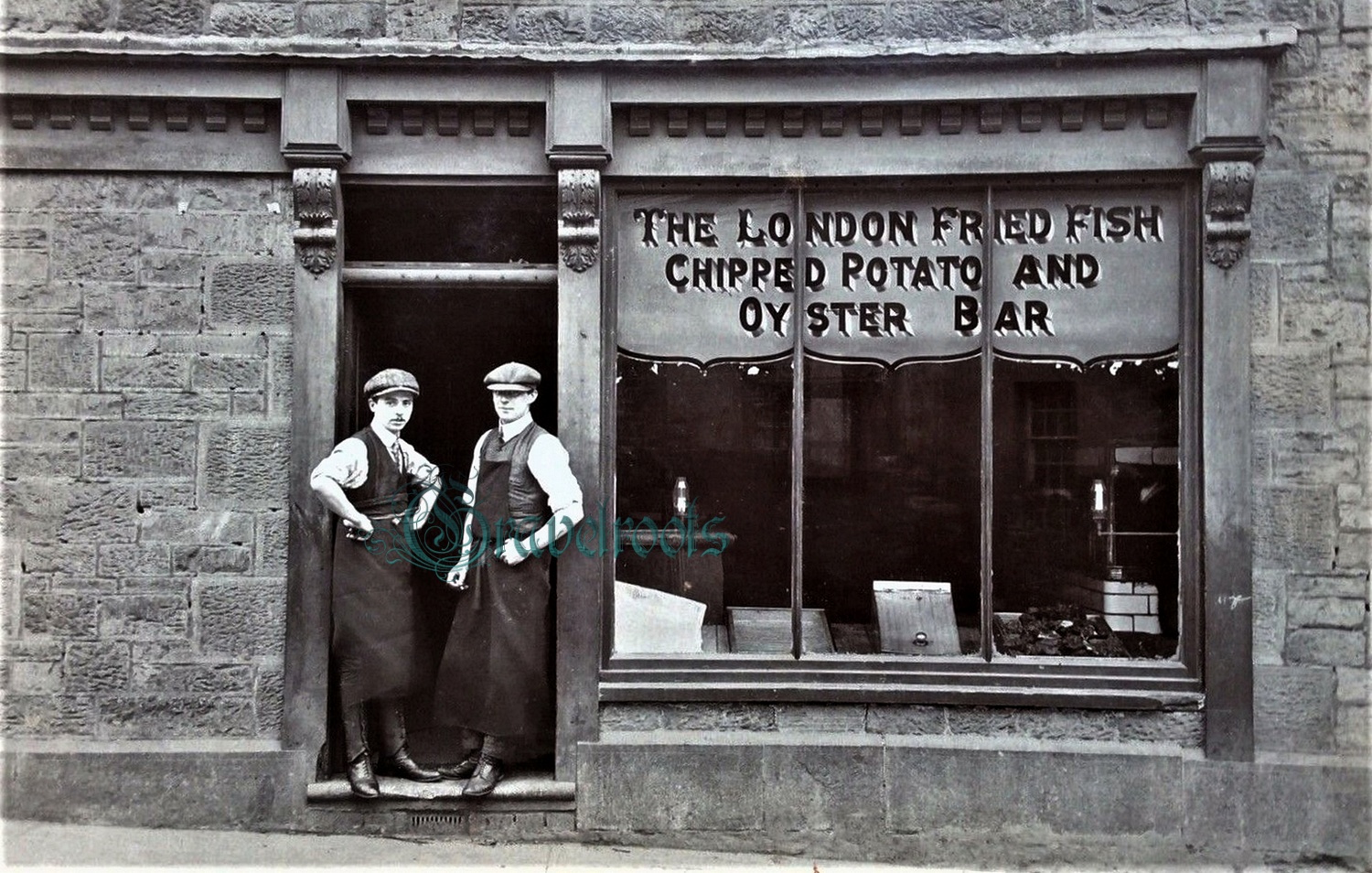 old Social history photo of London Fried Fish, Chipped Potato and Oyster Bar - click image to return