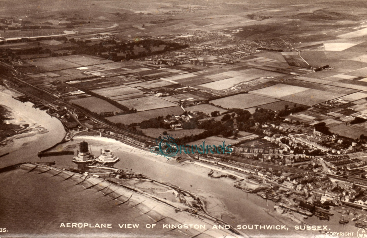Old photo of Kingston & Southwick from the air, Sussex - click image to return
