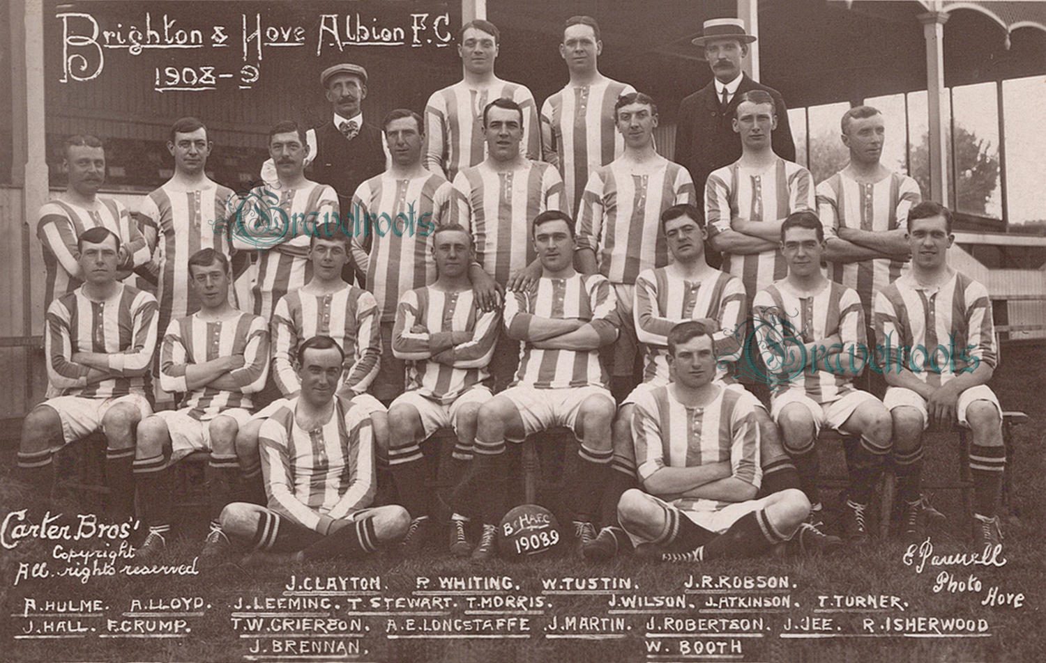 Old photo of Brighton & Hove Albion Football Club players, 1908-1909 season -  - click image below to return
