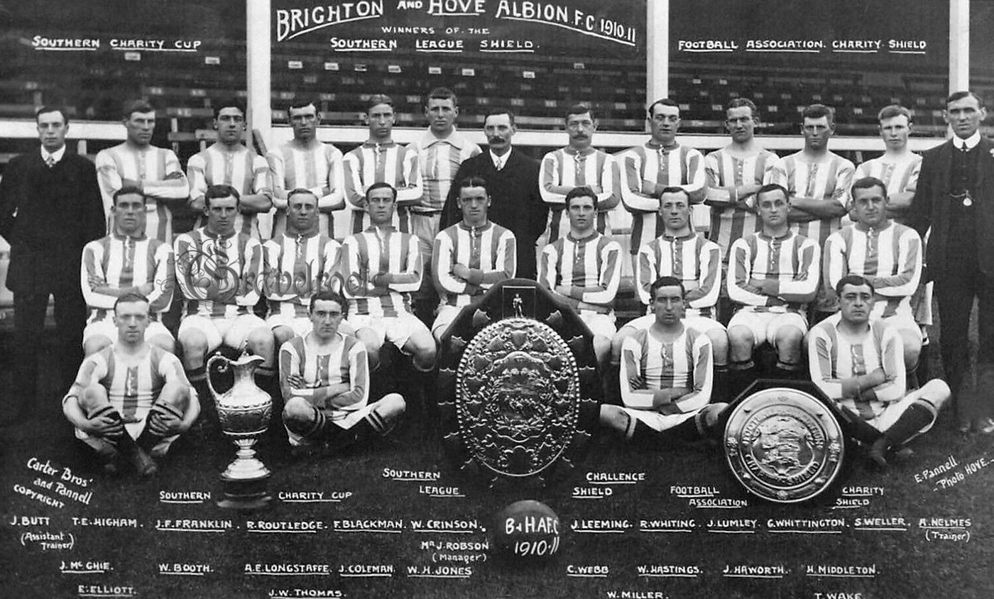 Old photo of Brighton & Hove Albion Football Club players, 1908-1909 season -  - click image below to return