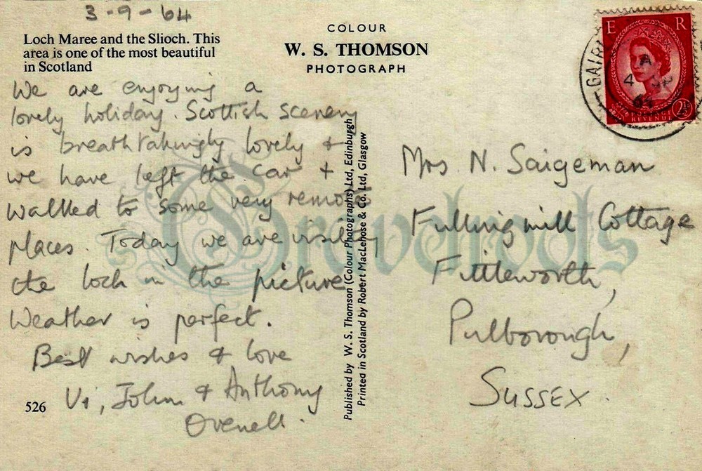 1964 postcard to Mrs N Saigeman, Fulling Mill Cottage, Fittleworth, Sussex - click image to return
