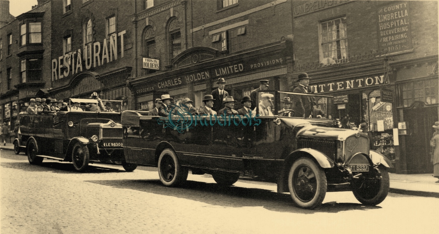 Open Coach, charabanc, High Street, Guildford, Surrey - c.1925 - click image below to return