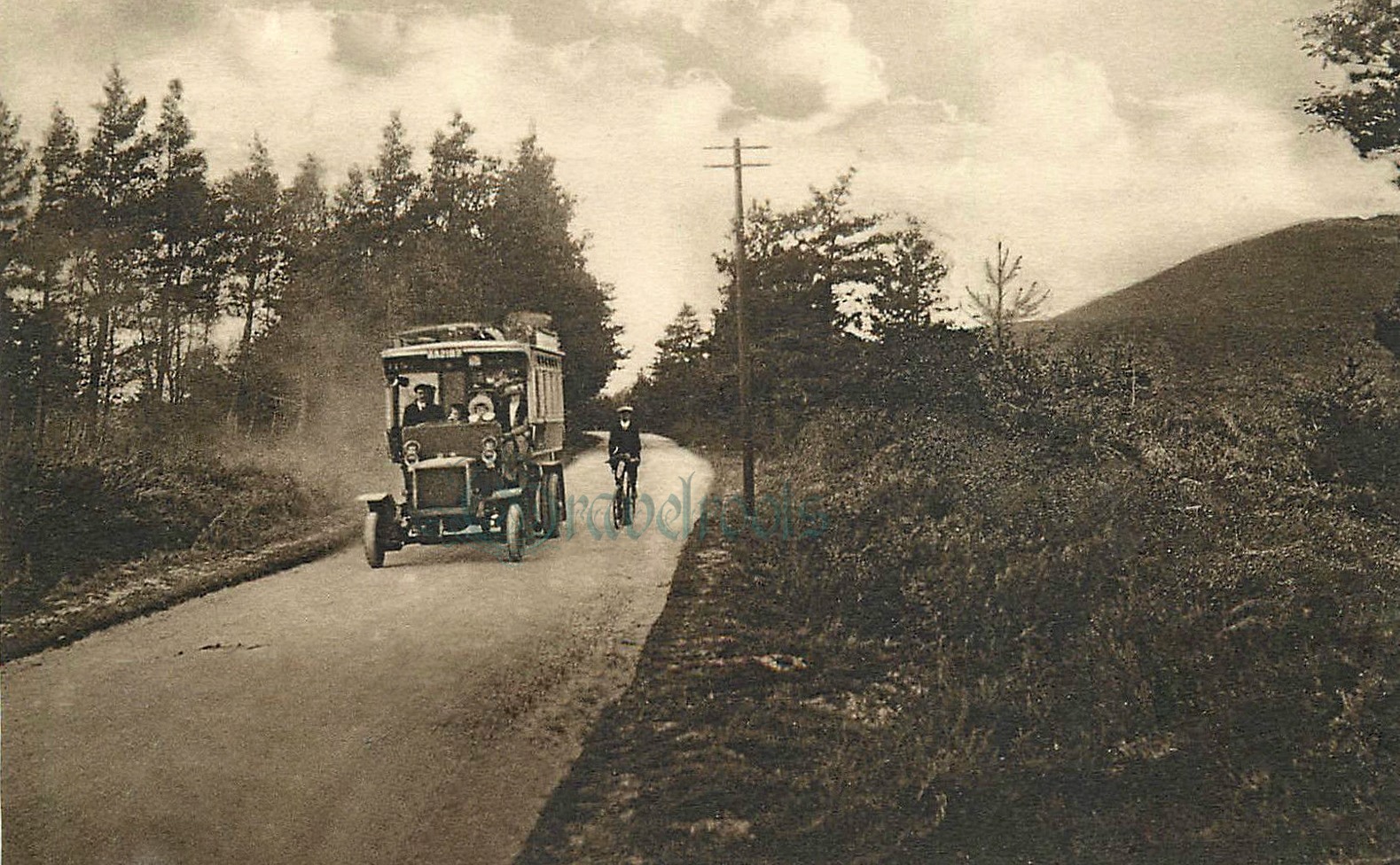 London & South West Railway Bus approaching Hindhead, Surrey, postcard, image date c.1914 - click image to return