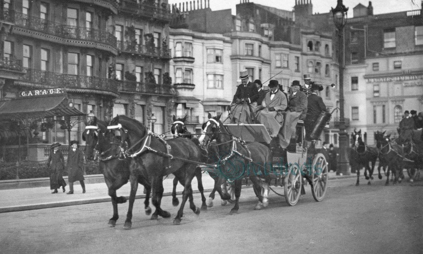 Lord Leconfield's coach in Brighton, Postcard, posted 1913 -click image below  to return