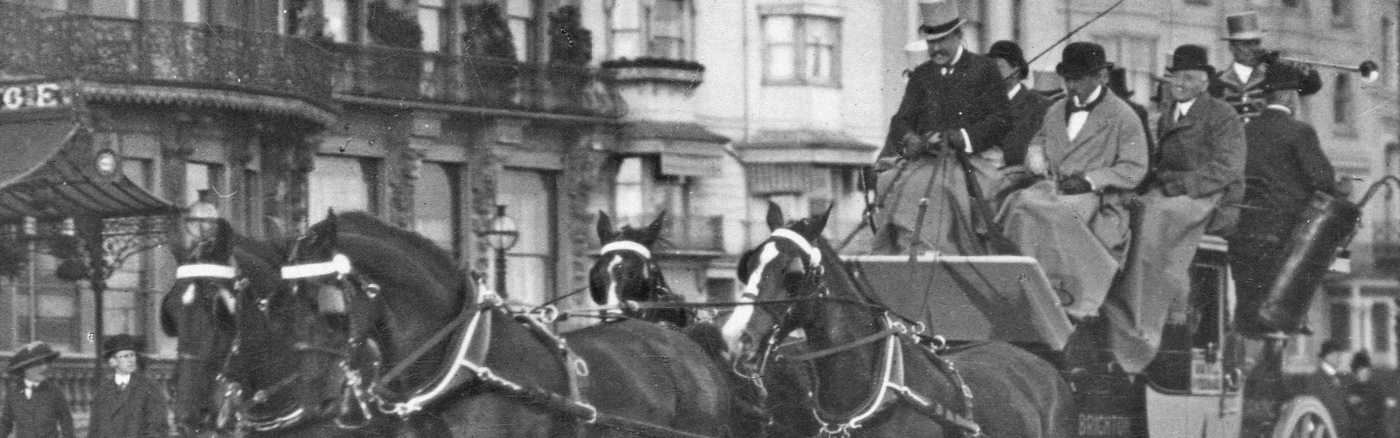 Lord Leconfield's coach in Brighton, Postcard, posted 1913 - click image to return